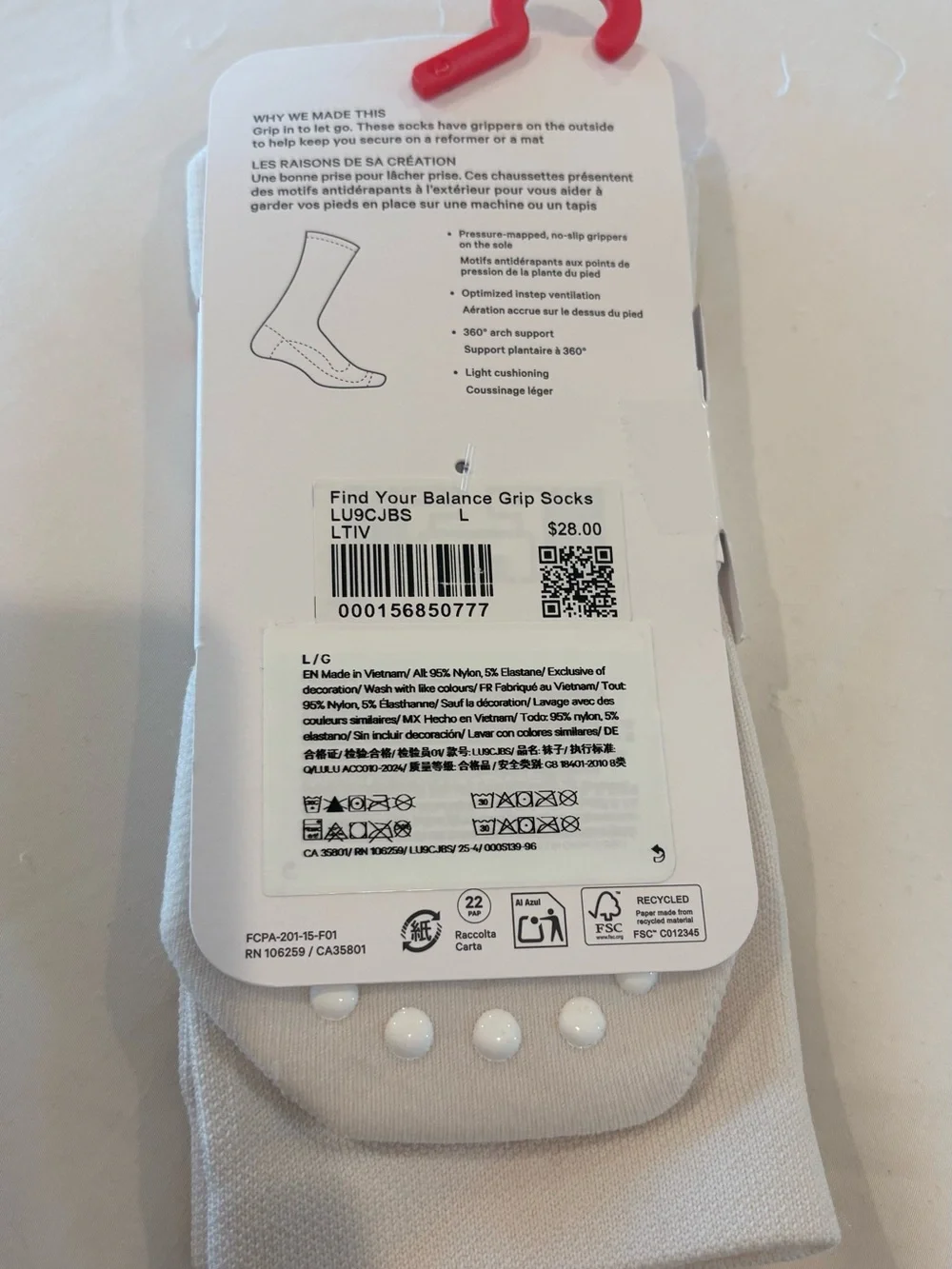 NWT Lululemon Find Your Balance Grip Socks Neutral White LG Crew Pilates Yoga